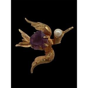 Vintage Bird Brooch Jelly Belly Tested Real Pearl And Amethyst Sparrow Gold Tone
